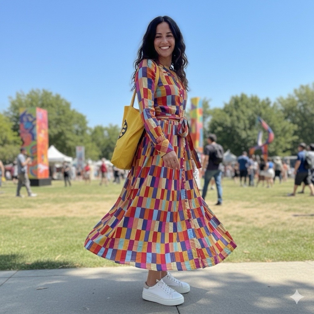 Maxi Dress M Colorblock Rainbow Belted Boho 80s Artsy Mod Festival